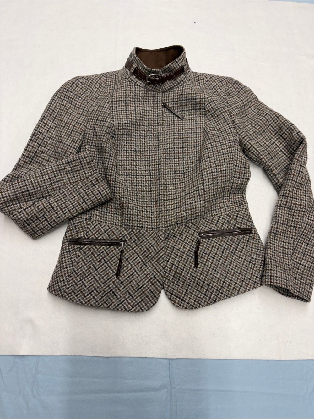 Talbots Petites Brown Houndstooth Buckle-Neck Tailored Jacket Sz 2P